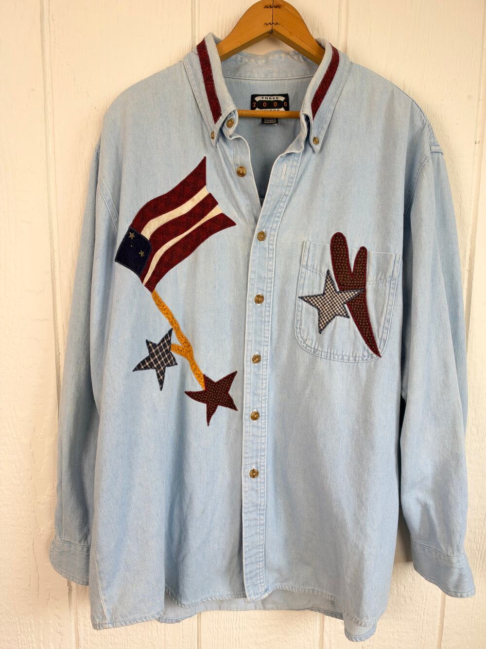 Vintage 90s Three Rivers 2000 Denim Shirt Patriotic Flag Star Applique XL - Picture 1 of 8